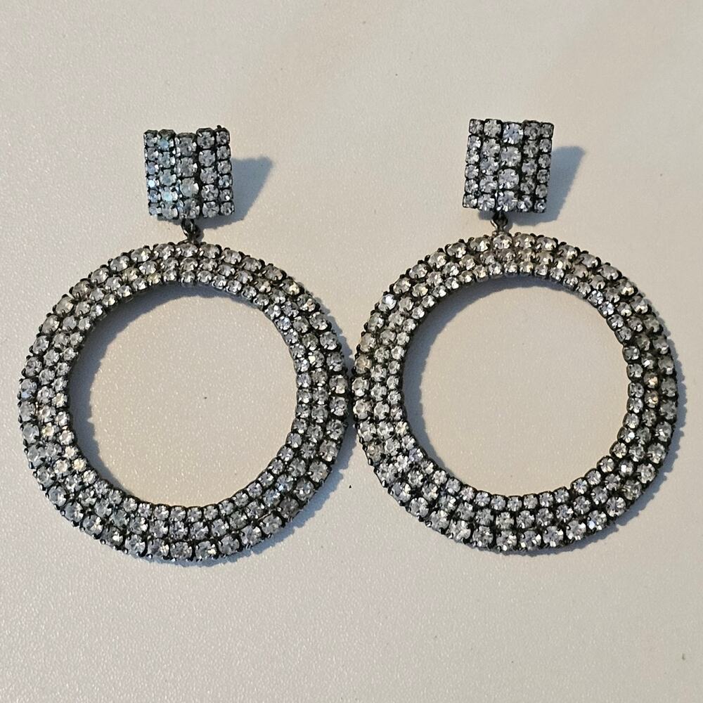 Vintage Mod Disco Vibes Rhinestone Hoop Earrings with Post Backs 60s 70s Groovy